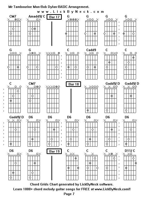 Chord Grids Chart of chord melody fingerstyle guitar song-Mr Tambourine Man-Bob Dylan-BASIC Arrangement,generated by LickByNeck software.